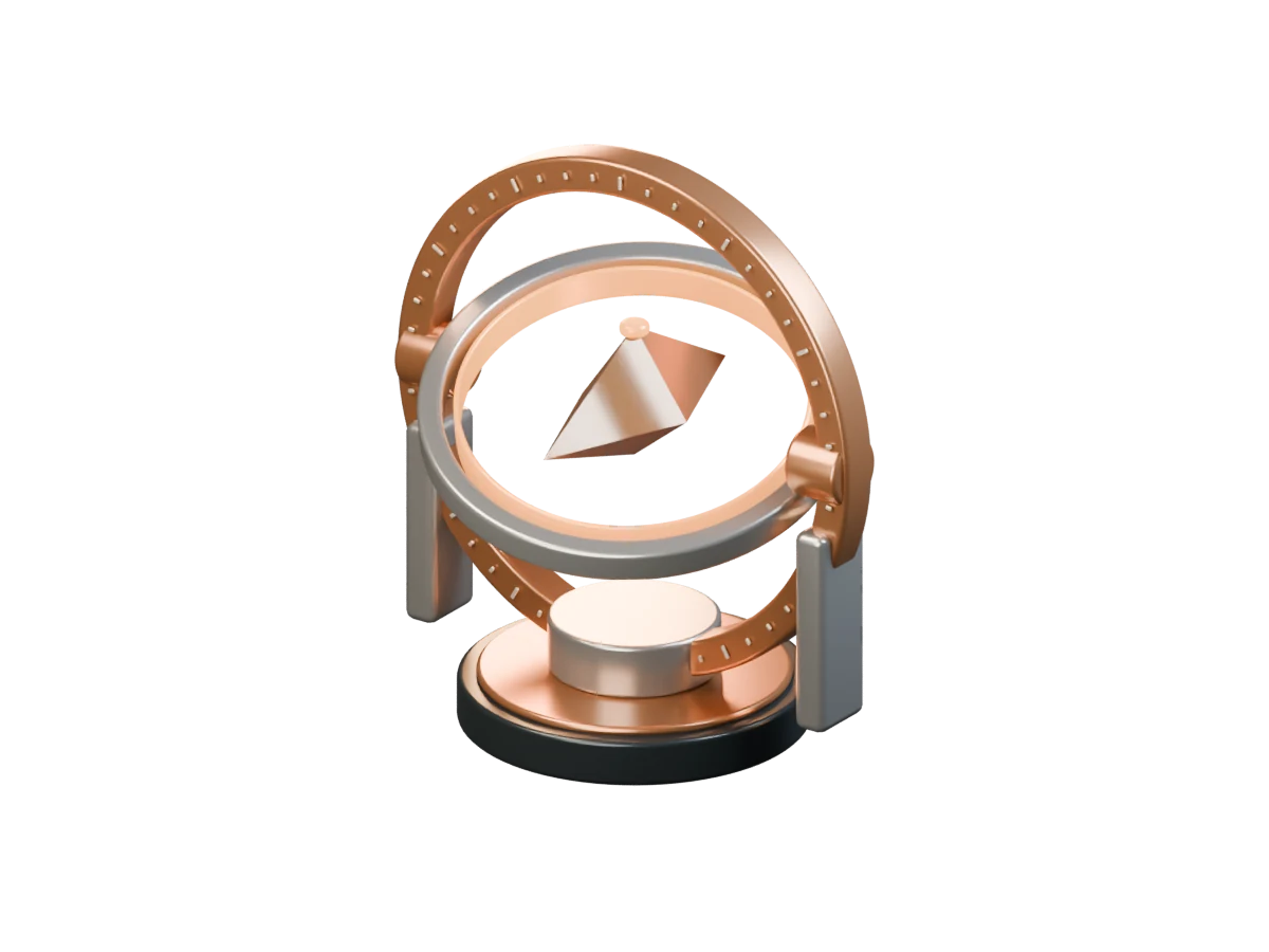 Copper and titanium decision compass with calibrated gimbals and a faceted optical prism