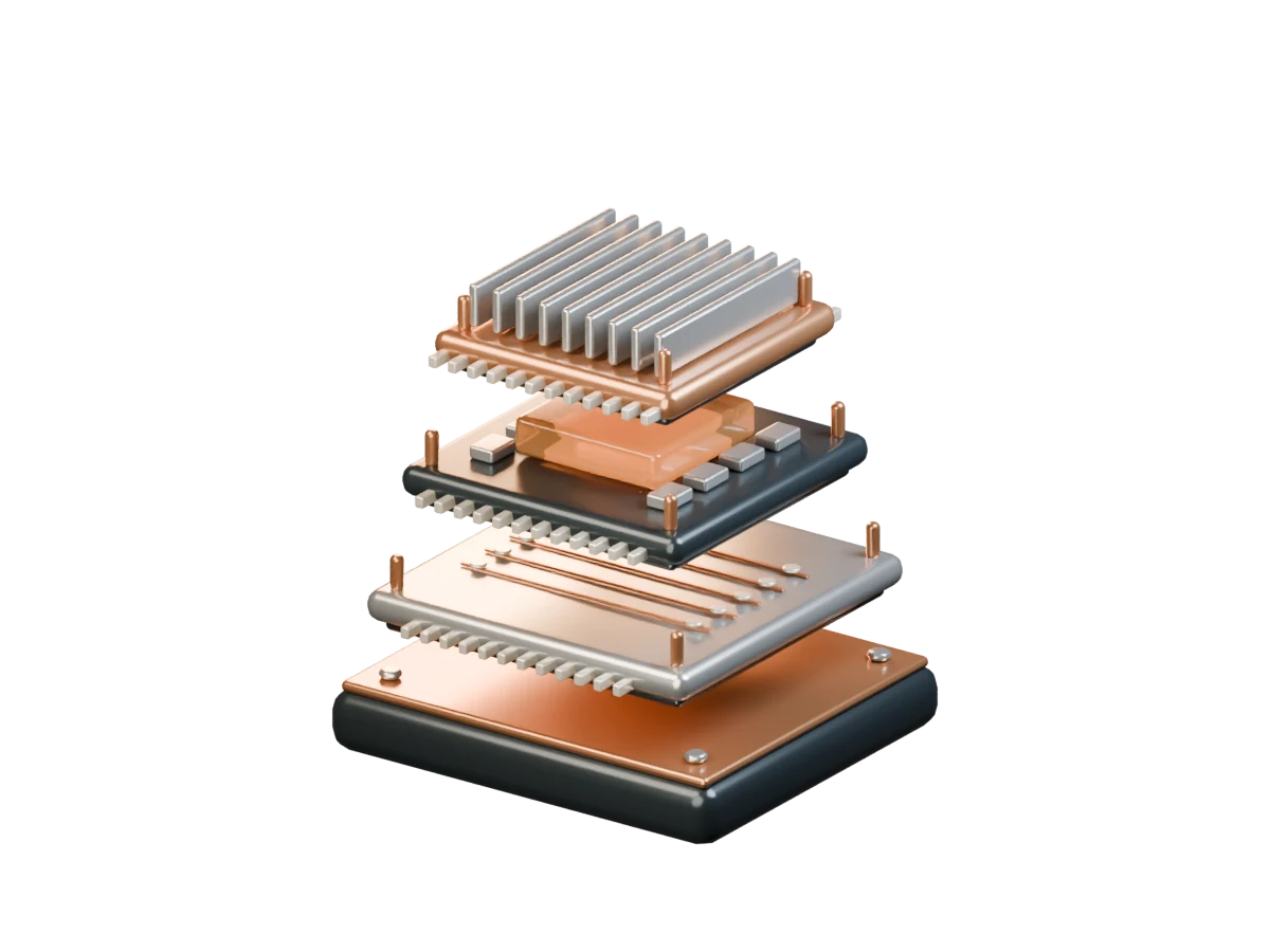 Exploded processor assembly with stacked circuit layers, an amber core, and a machined heat sink