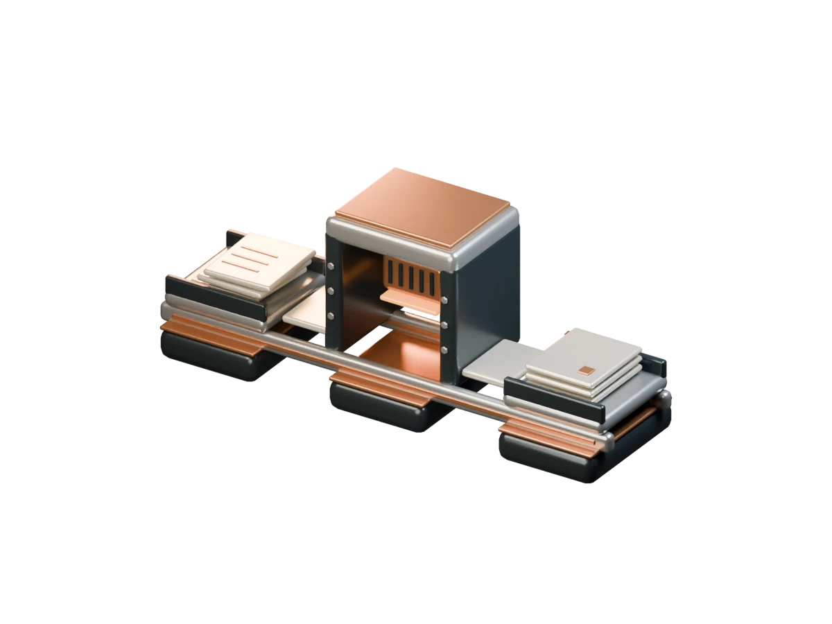 Document intake and output trays connected through an amber-lit processing module
